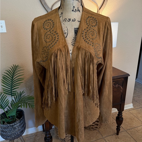 Vocal Jackets & Blazers - Vocal Camel Brown Western Faux Suede Fringe & Stud Jacket